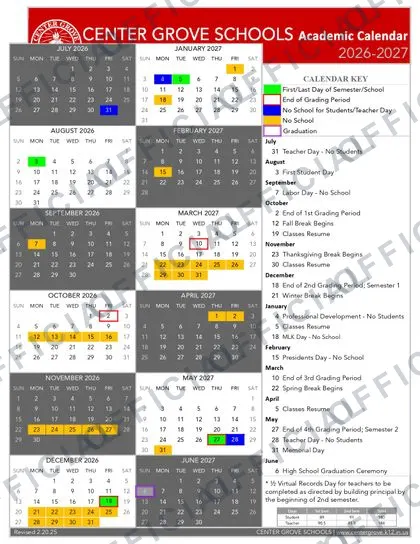 Center Grove Schools 2026-27 calendar