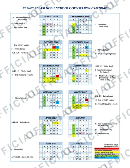 East Noble School Corporation 2026-27 calendar