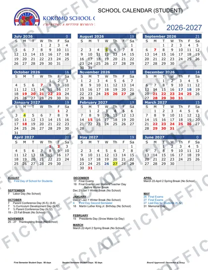 Kokomo School Corporation 2026-27 calendar
