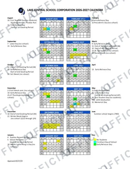 Lake Central School Corporation 2026-27 calendar