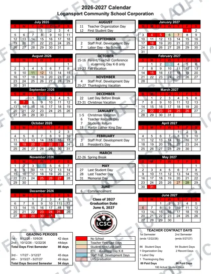 Logansport Community School Corporation 2026-27 calendar