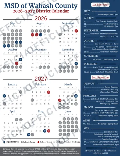 MSD of Wabash County 2026-27 calendar