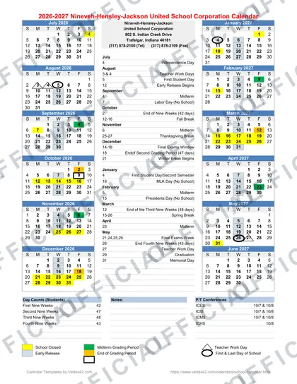 Nineveh-Hensley-Jackson United School Corporation 2026-27 calendar