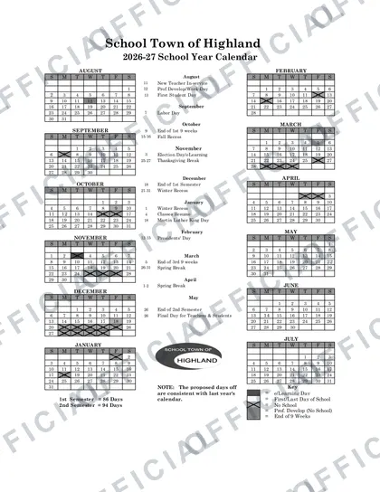 School Town of Highland 2026-27 calendar