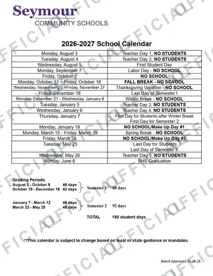 Seymour Community schools 2026-27 calendar