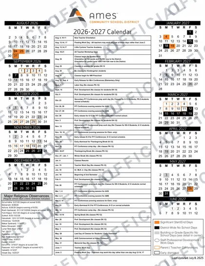 Ankeny Schools District 2026-27 calendar