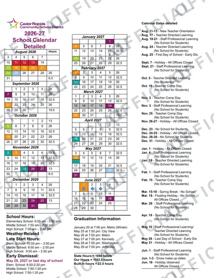 Cedar Rapids Community School 2026-27 calendar