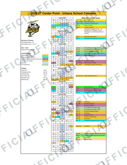 Center Point - Urbana School 2026-27 calendar