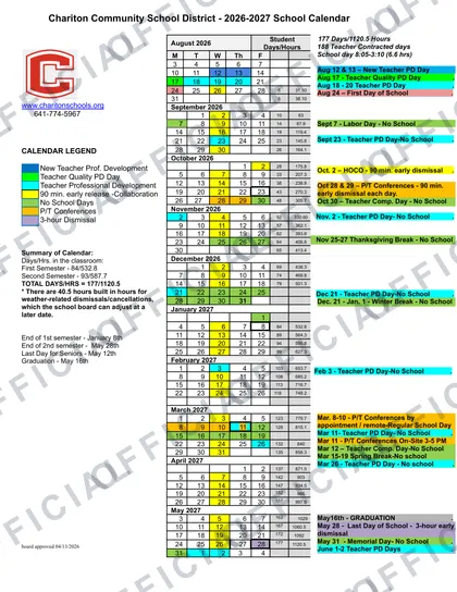 Chariton Community School District 2026-27 calendar