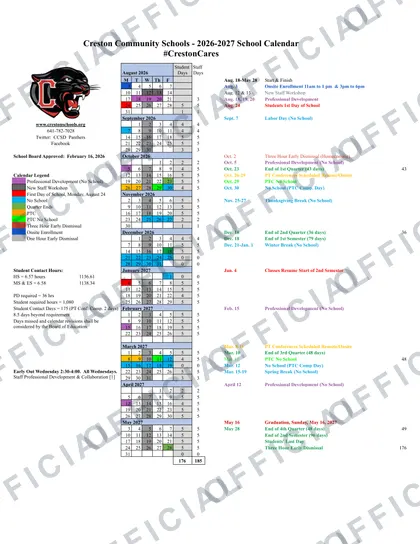 Creston Community Schools 2026-27 calendar