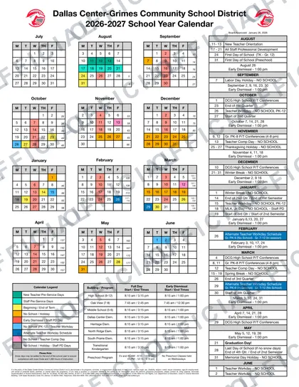 Dallas Center-Grimes Community School District 2026-27 calendar