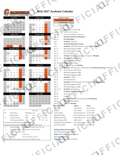 Fairfield Community School District 2026-27 calendar