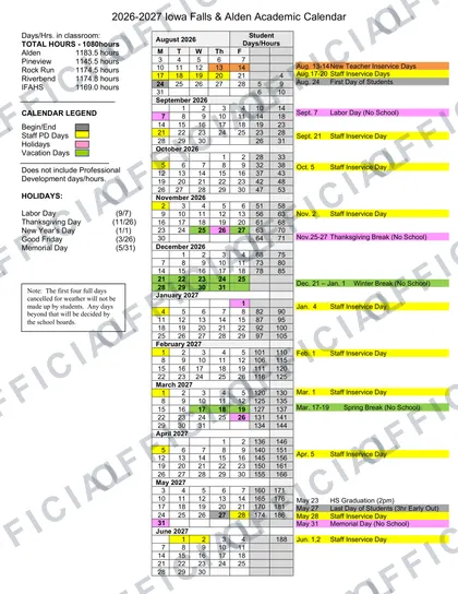 Iowa Falls & Alden 2026-27 calendar