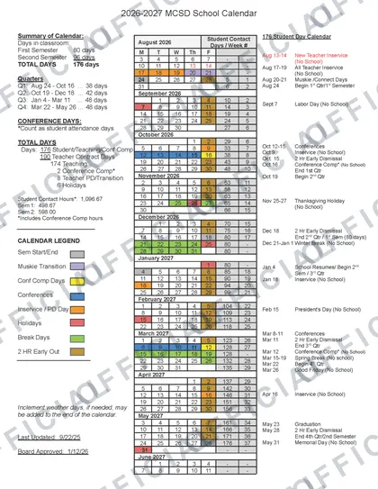 MCSD Marshalltown Community School 2026-27 calendar