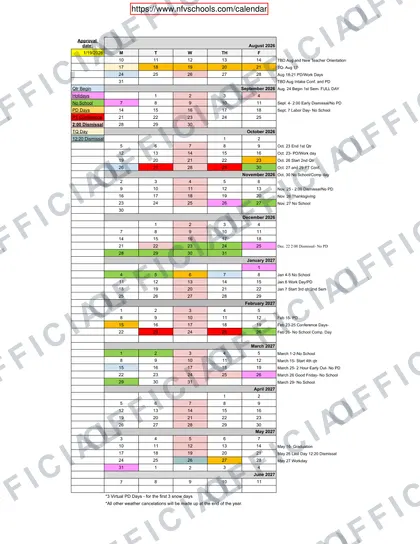 NFV School 2026-27 calendar