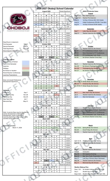 Okoboji School 2026-27 calendar