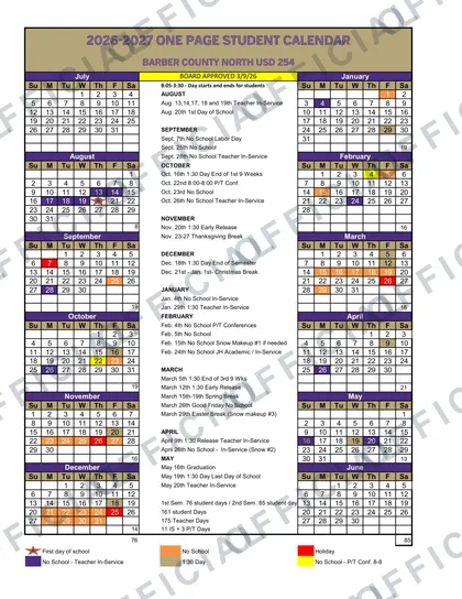 Barber County North USD 254 2026-27 calendar