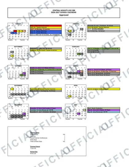 CENTRAL HEIGHTS USD 288 2026-27 calendar