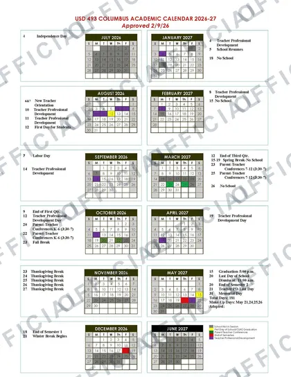 Columbus USD 493 2026-27 calendar