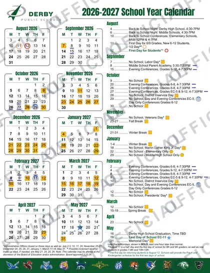 Derby Public Schools 2026-27 calendar