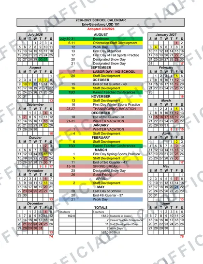 Erie-Galesburg USD 101 2026-27 calendar