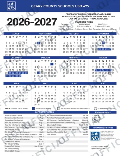 Geary County Schools USD 475 2026-27 calendar
