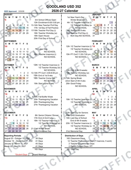 GOODLAND USD 352 2026-27 calendar