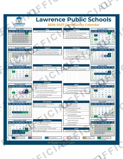 Lawrence Public Schools 2026-27 calendar