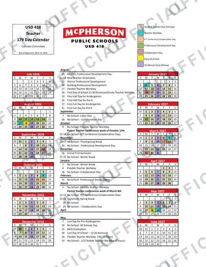 McPherson USD 418 2026-27 calendar