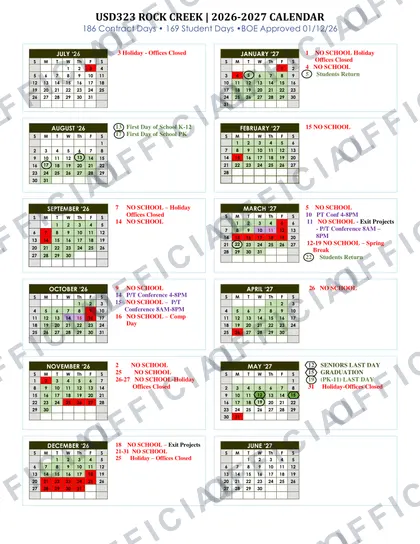 Rock Creek USD 323 2026-27 calendar