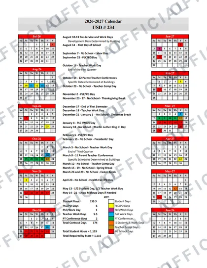 USD # 234 2026-27 calendar