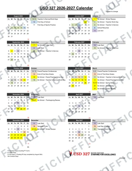 USD 327 2026-27 calendar