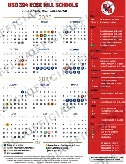 USD 394 Rose Hill Schools 2026-27 calendar