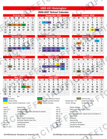 USD 431 Hoisington 2026-27 calendar