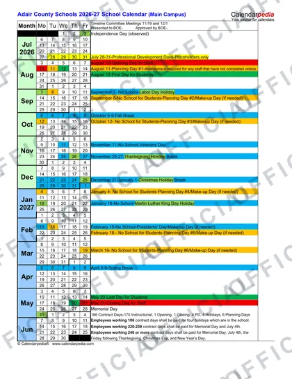 Adair County Schools 2026-27 calendar