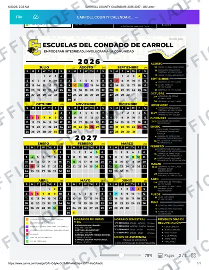 Carroll County Schools 2026-27 calendar