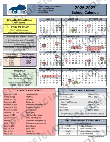 Kenton County School District KCSD 2026-27 calendar