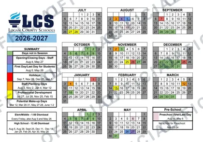 Logan County Schools 2026-27 calendar