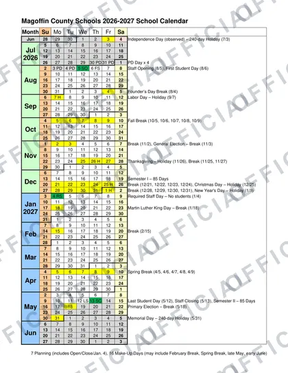 Magoffin County Schools 2026-27 calendar
