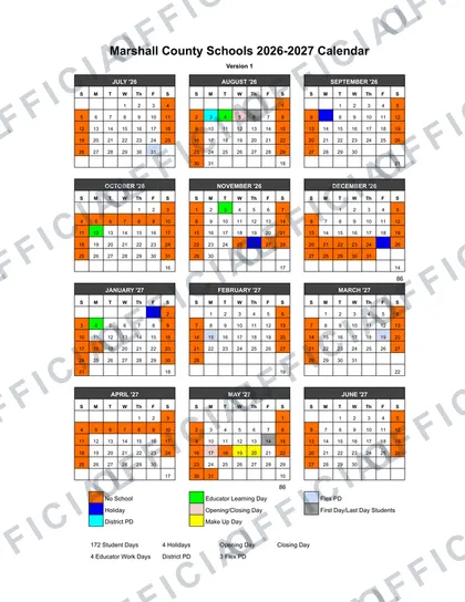 Marshall County Schools 2026-27 calendar