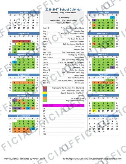 McCreary County School District 2026-27 calendar