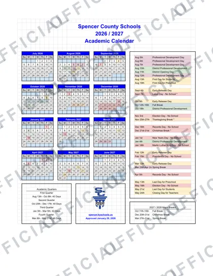 Spencer County Schools 2026-27 calendar