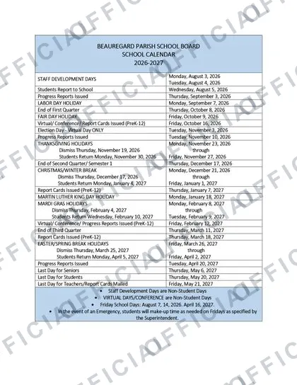 Beauregard Parish School Board 2026-27 calendar