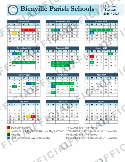 Bienville Parish Schools 2026-27 calendar
