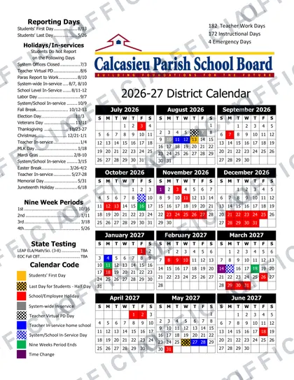 Calcasieu Parish School Board cpsb 2026-27 calendar