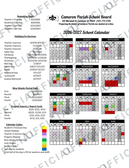 Cameron Parish School Board 2026-27 calendar