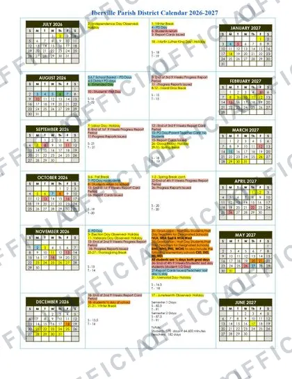 Iberville Parish District 2026-27 calendar