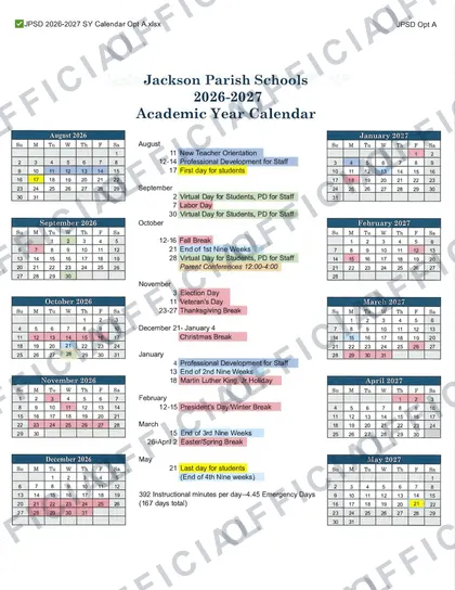 Jackson Parish Schools 2026-27 calendar