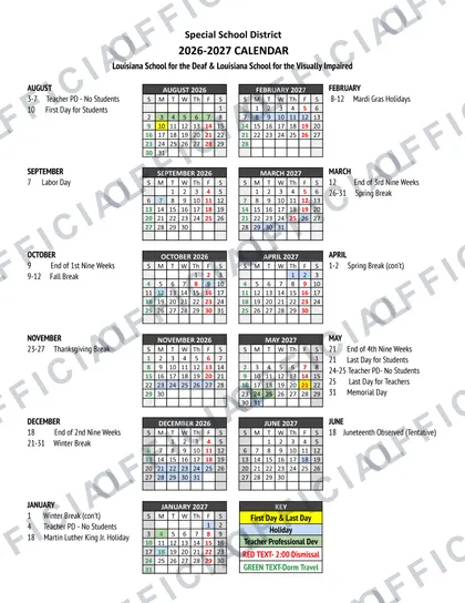 Louisiana School for the Deaf & Louisiana School for the Visually Impaired 2026-27 calendar