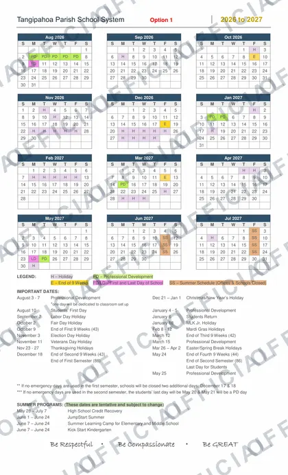 Tangipahoa Parish School System 2026-27 calendar